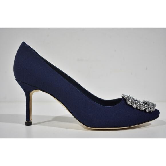 Manolo Blahnik Hangisi 70 Navy Blue Linen Pearl Jewel Buckle Low Heel Pump 39 - Picture 5 of 12